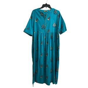 GERUA Women's Peacock Print Teal Blue Flowy
Long Maxi dress Elbow Sleeve Size XL
